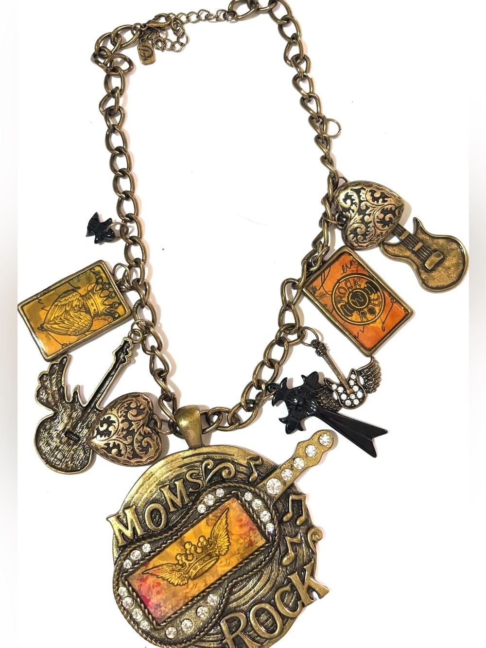 Mom's Rock Guitar Charm Statement Necklace - Gold & Amber Tones